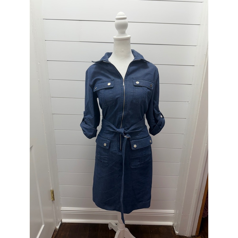 Sharagano Womens Textured V-neck Collar Dress Size 10 Denim Wash Utility Stretch